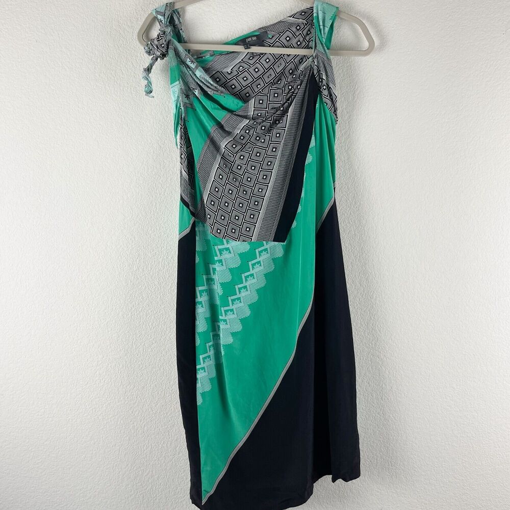 Per Se 100% Silk Dress Womens 6 Green Geometric Asymmentrical Sheath Cowl Neck